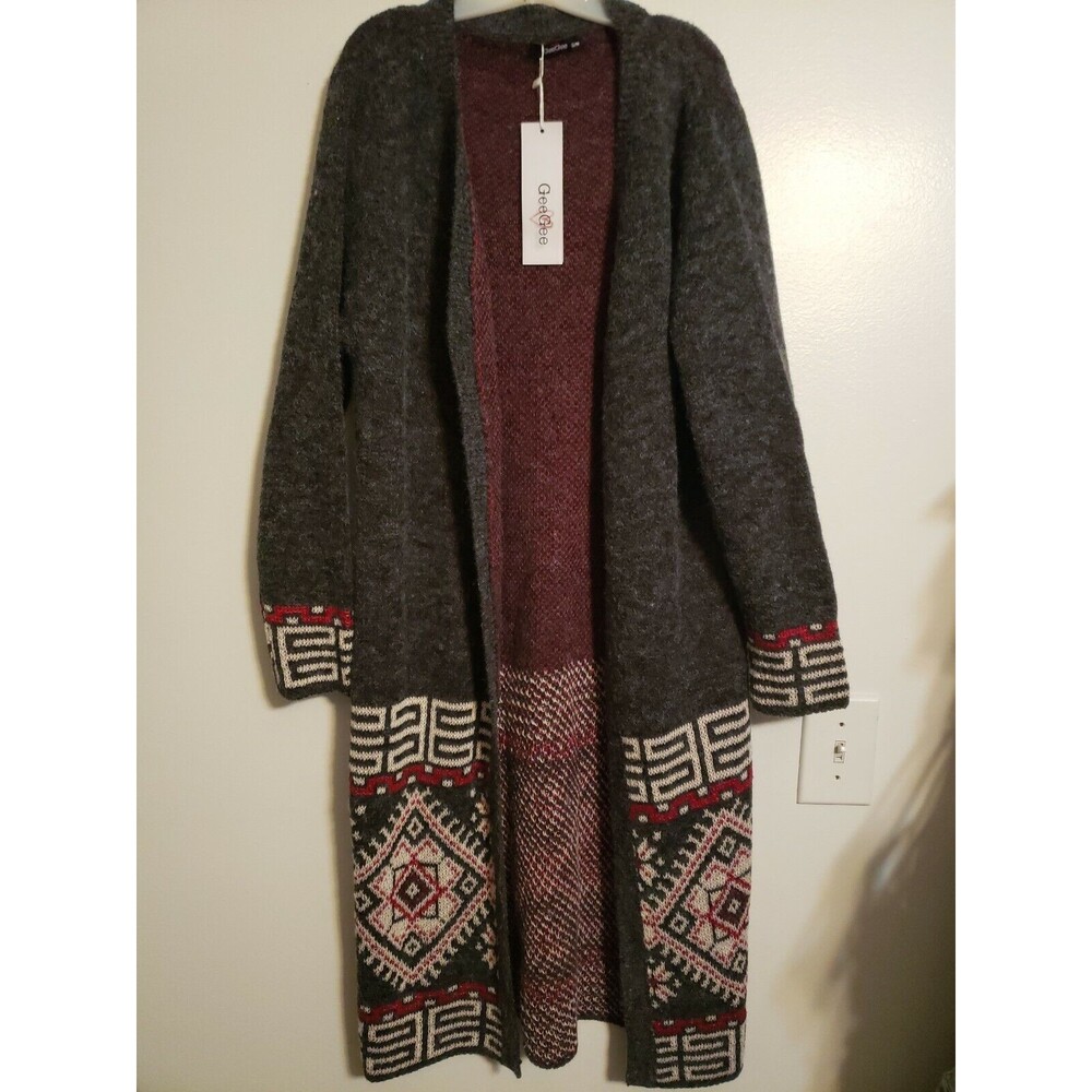 GeeGee Women's S/M Sweater Cardigan Open Front Gray W Nordic Pattern